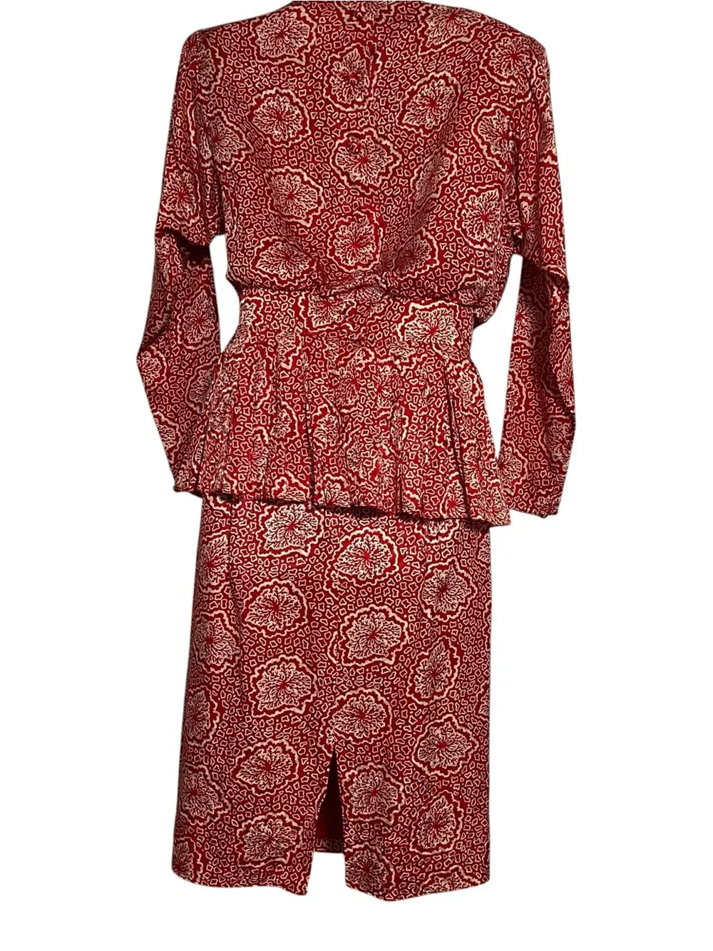 Vintage Raul Blanco Silk Dress Red Cream Print Size 8 Pleated Bodice Long Sleeve